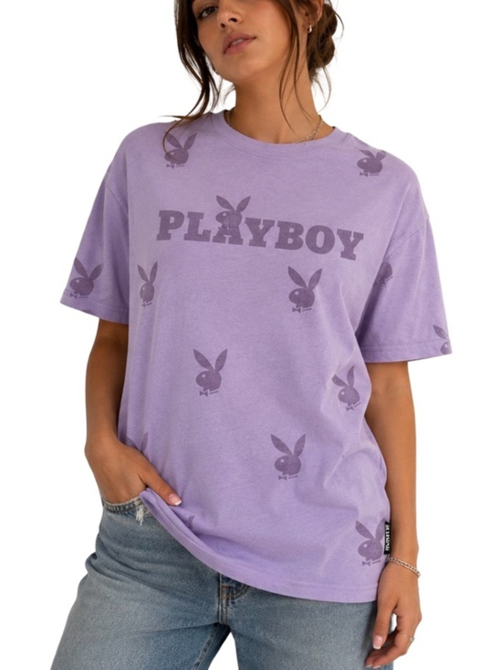 Playboy Lavender Bunny Logo All Over Print T Shirt Size Small Y2K